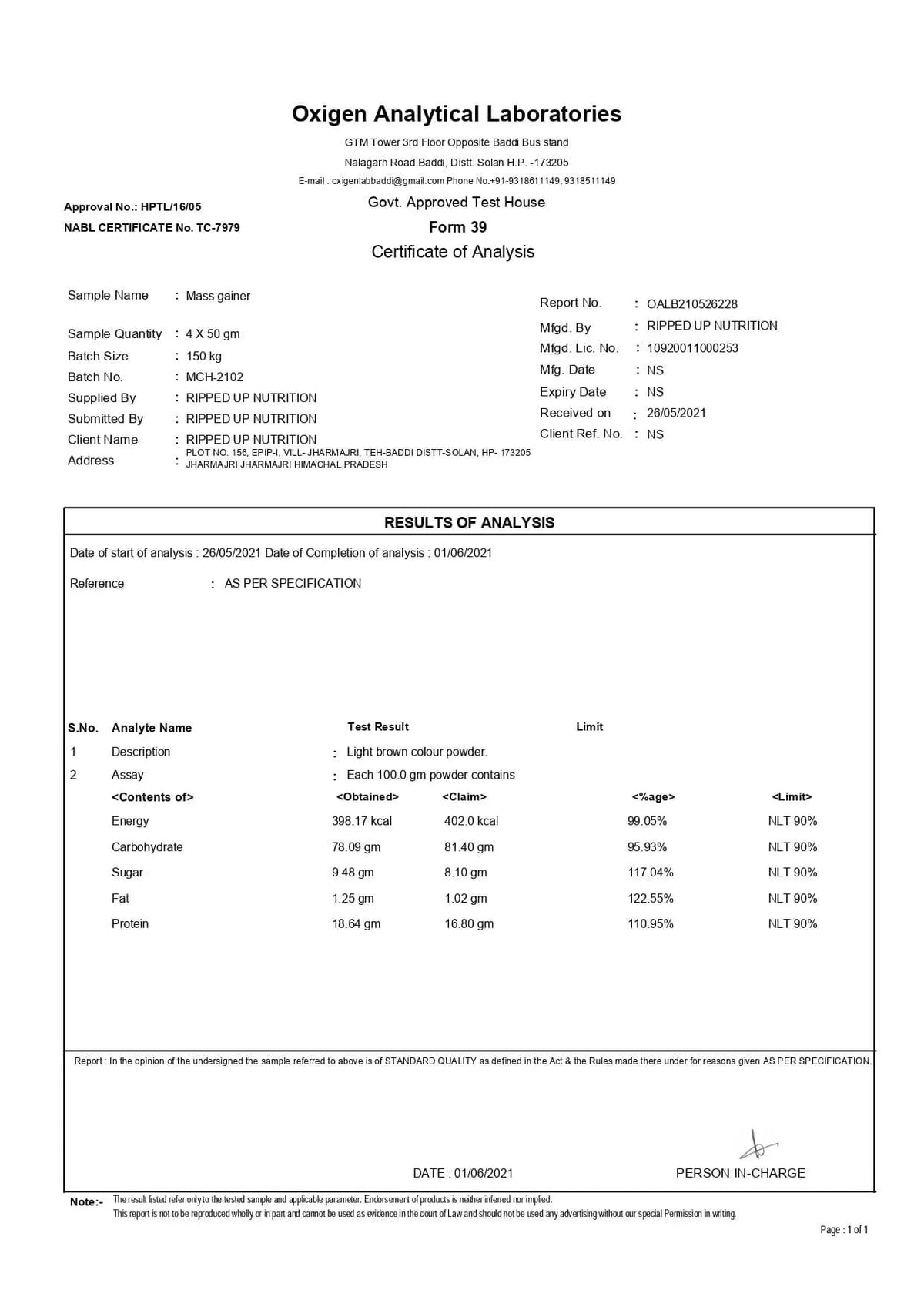 Mass Gainer - Ripped Up Nutrition